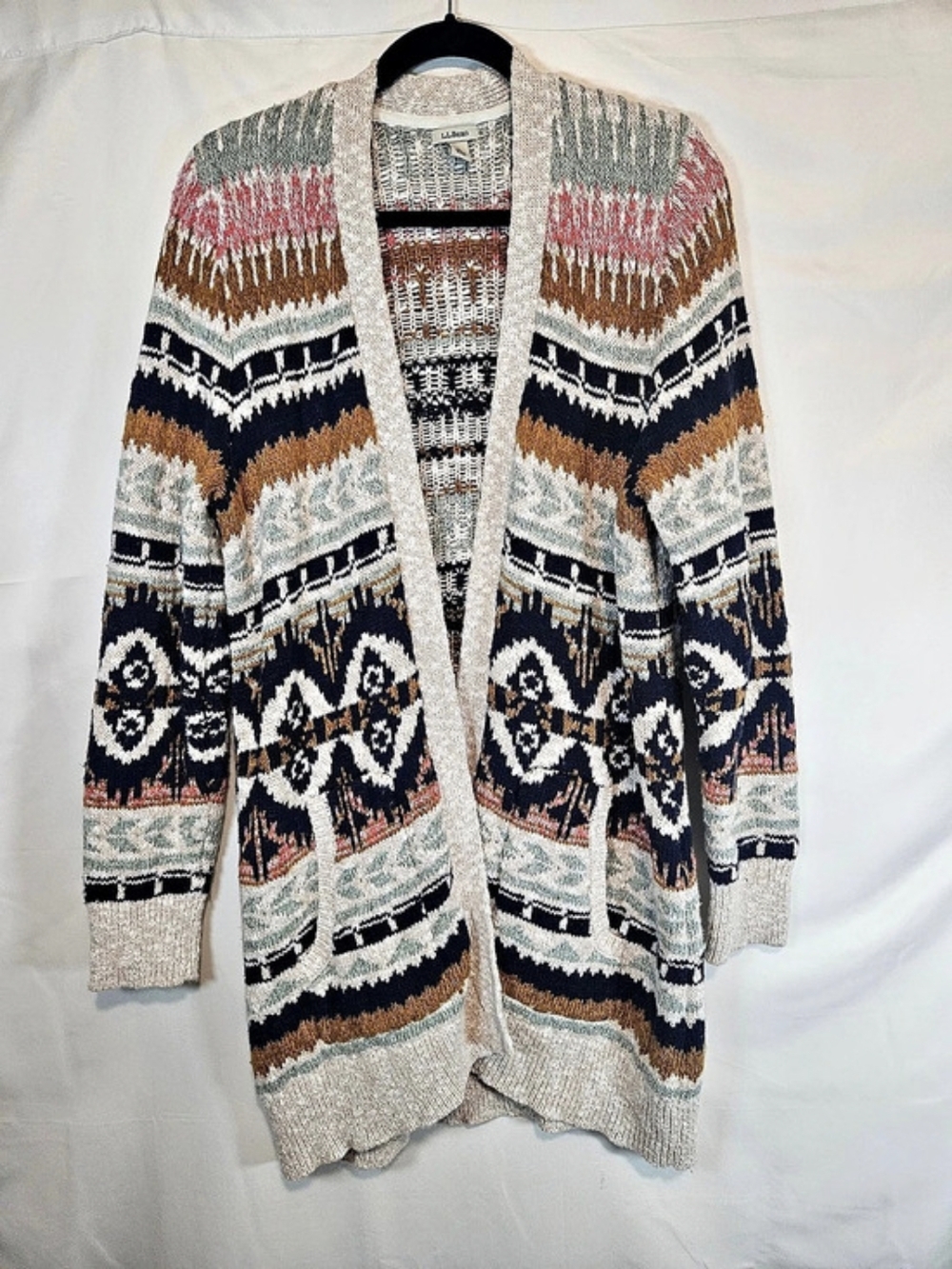 L.L. Bean Women's Cotton Ragg Sweater Open Cardigan Fair Isle Large Boho Peasant